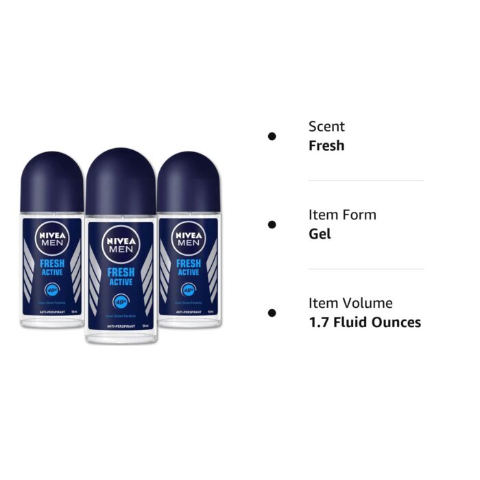 Nivea Men Anti Perspirant Roll On, Fresh Active Longlasting Freshness Ocean Extracts, 48 Hour Protection, 1.7 Ounce (Pack of 3)
