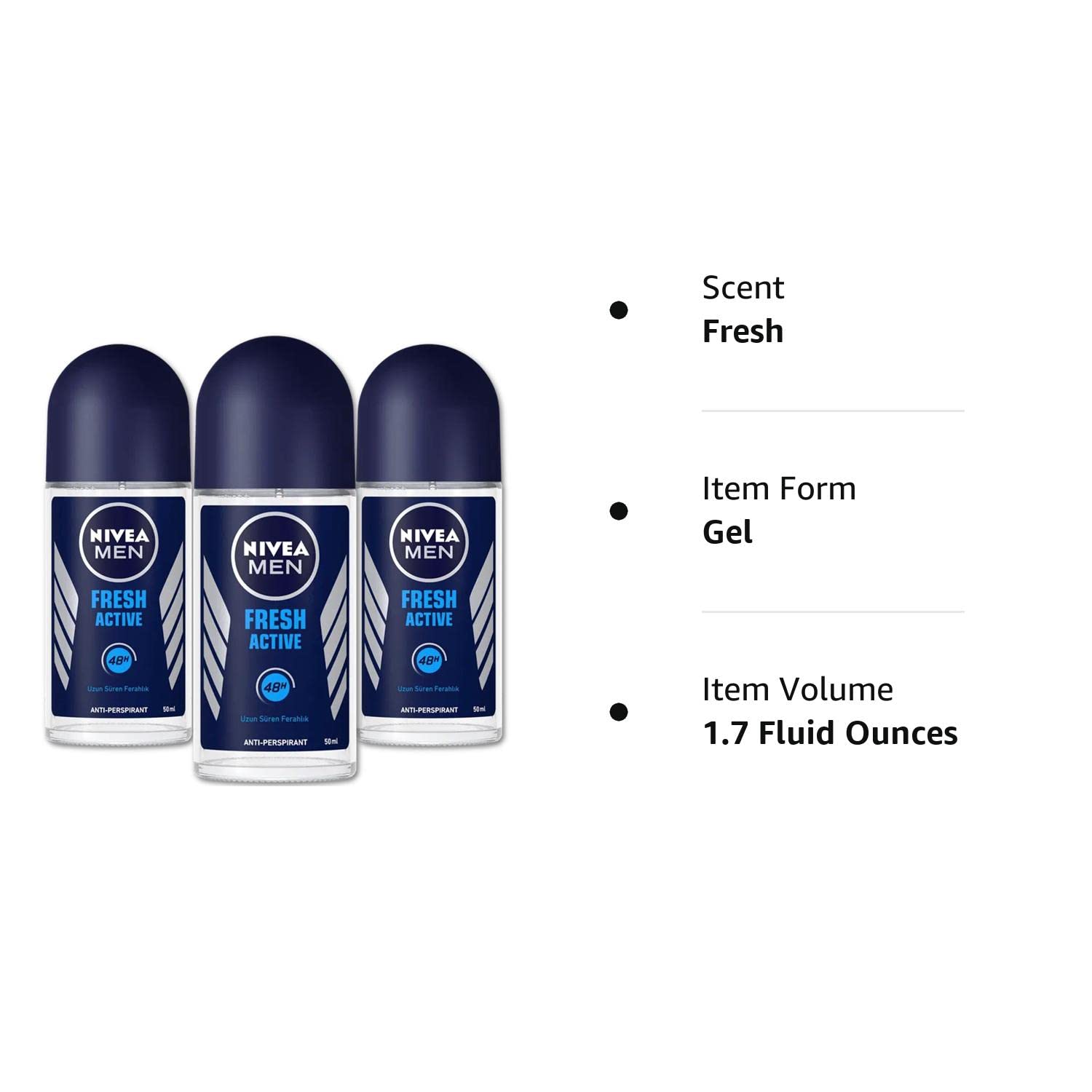 Nivea Men Anti Perspirant Roll On, Fresh Active Longlasting Freshness Ocean Extracts, 48 Hour Protection, 1.7 Ounce (Pack of 3) Nivea Men Anti Perspirant Roll On, Fresh Active Longlasting Freshness Ocean Extracts, 48 Hour Protection, 1.7 Ounce (Pack of 3)
