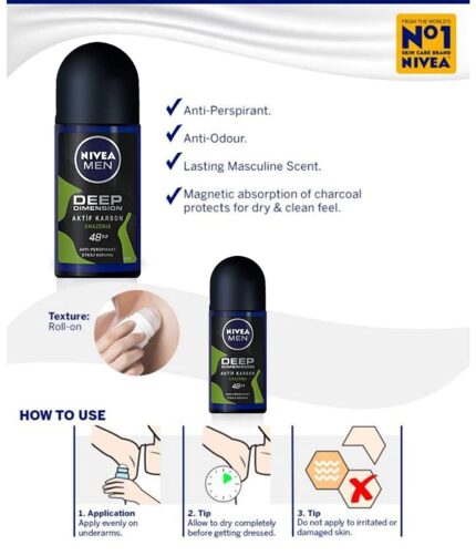 Nivea For Men Deodorant Roll-On Dimension - Amazonia, Anti Perspirant, 48h 1.7oz/50ml (Pack of 3 ) (Amazonia)