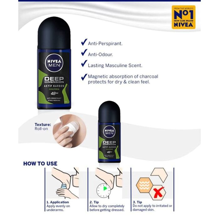 Nivea For Men Deodorant Roll-On Dimension - Amazonia, Anti Perspirant, 48h 1.7oz/50ml (Pack of 3 ) (Amazonia)