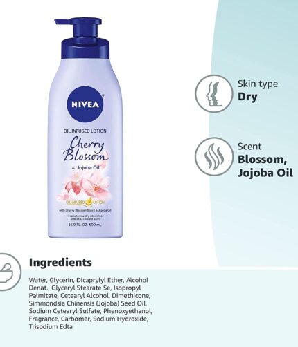 NIVEA Oil Infused Body Lotion, Cherry Blossom Lotion with Jojoba Oil, Moisturizing Body Lotion for Dry Skin, 16.9 Fl Oz Pump Bottle