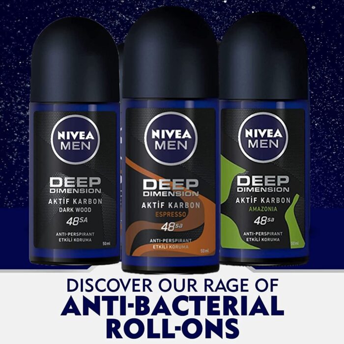 Nivea For Men Deodorant Roll-On Dimension - Dark Wood + Espresso + Amazonia, Anti Perspirant, 48h 1.7oz/50ml (Pack of 3 Bundle) (Espresso)