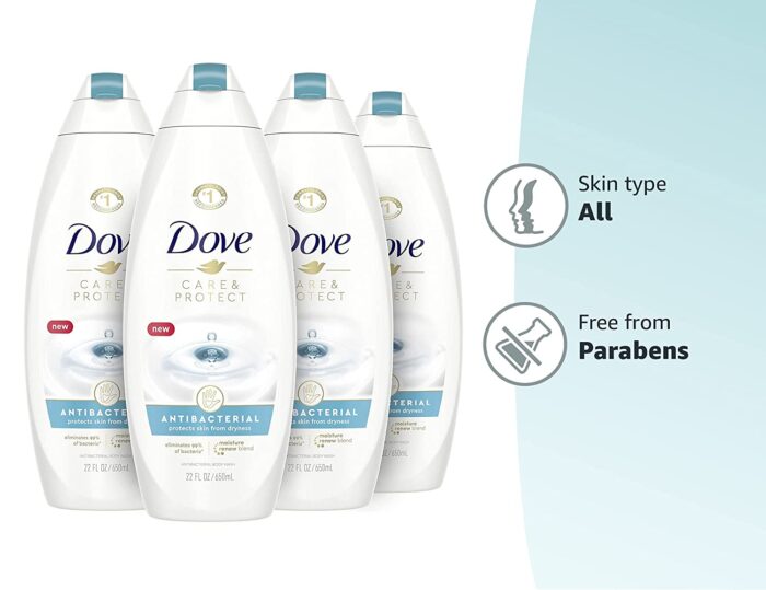 Dove Body Wash For All Skin Types Antibacterial Body Wash Protects from Dryness, 22 Fl Oz (Pack of 4), White