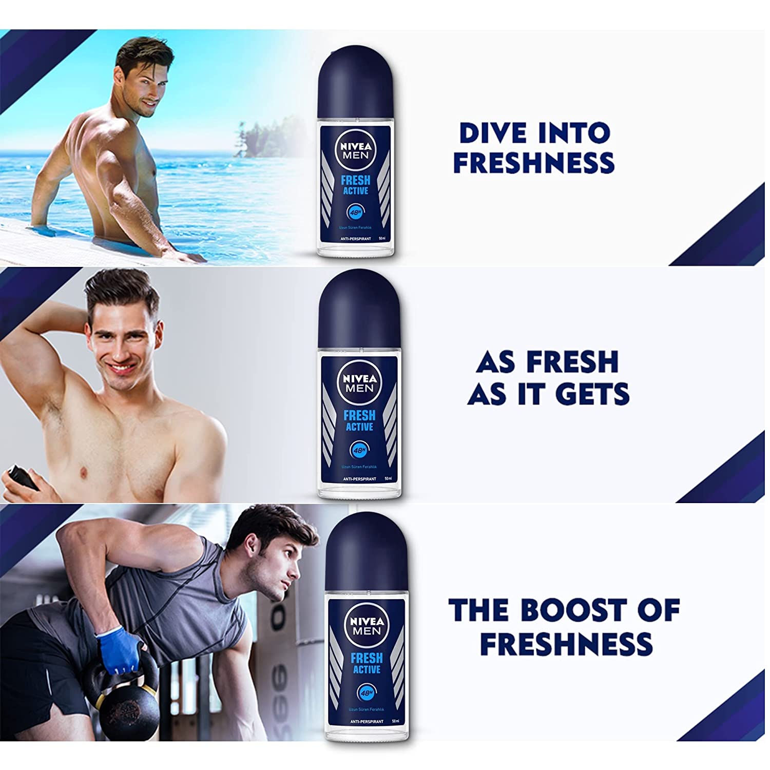 Nivea Men Anti Perspirant Roll On, Fresh Active Longlasting Freshness Ocean Extracts, 48 Hour Protection, 1.7 Ounce (Pack of 3) Nivea Men Anti Perspirant Roll On, Fresh Active Longlasting Freshness Ocean Extracts, 48 Hour Protection, 1.7 Ounce (Pack of 3)