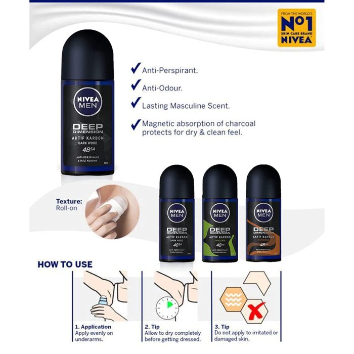 Nivea For Men Deodorant Roll-On Dimension - Dark Wood + Espresso + Amazonia, Anti Perspirant, 48h 1.7oz/50ml (Pack of 3 Bundle) (SET)
